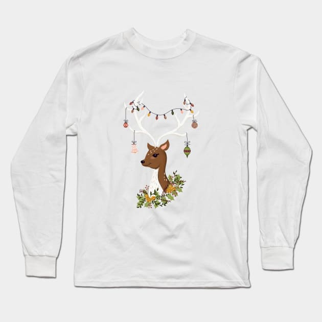 Holiday Deer with Decorations in Blush Pink Long Sleeve T-Shirt by latheandquill